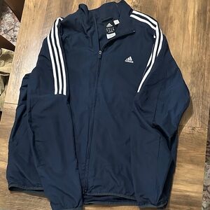 Adidas Men's Dark Blue Windbreaker with White Stripes